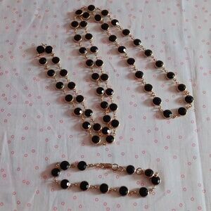 Bezel Set Gold Open Back Black Faceted Crystal Necklace and Bracelet Set